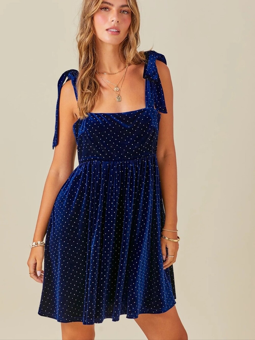 Day + Moon Navy Velvet Rhinestone Tie Shoulder Babydoll Mini Dress Small